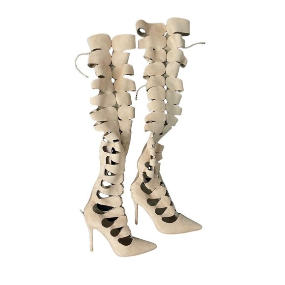 Nude Caged Thigh High Stiletto Boots - Picture 2 of 5